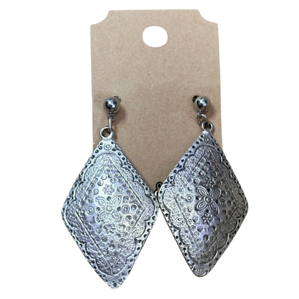 Handcrafted Silver Tone Embossed Diamond Drop Earrings Bohemian Floral Statement